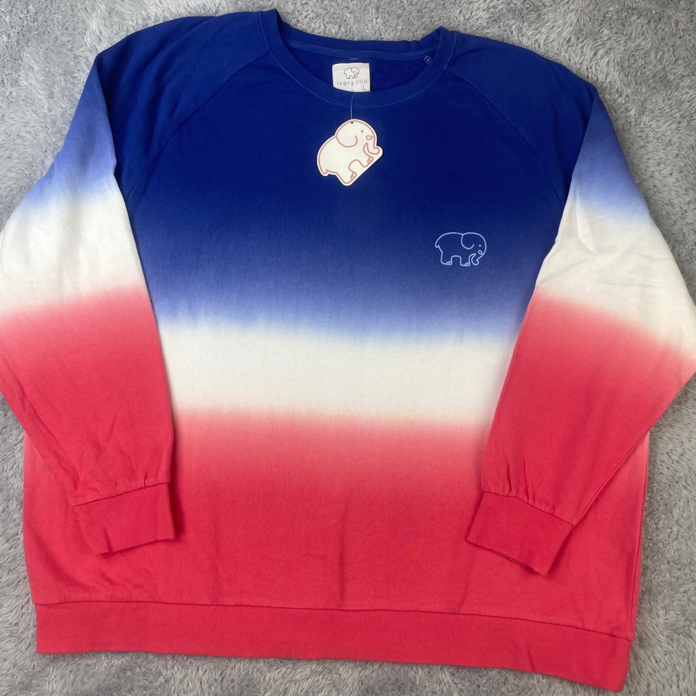 Ivory Ella Sweatshirt Women Large Red White Blue Ombre Elephant Logo Pullover
